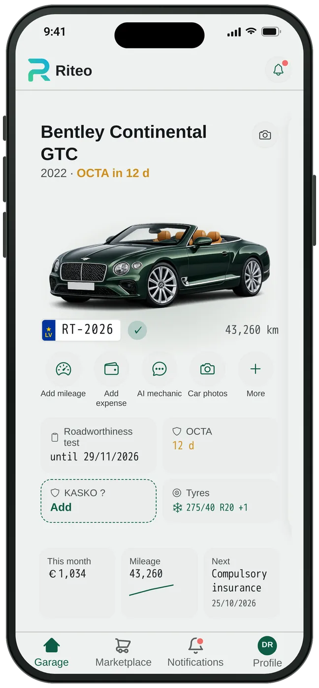 Riteo garage: Bentley Continental GTC 2022, OCTA in 12 days, inspection due 29.11.2026