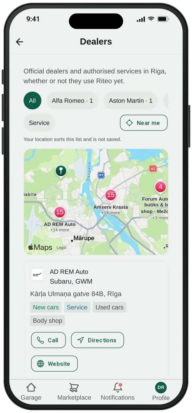 Official dealers and services nearby, on the map.