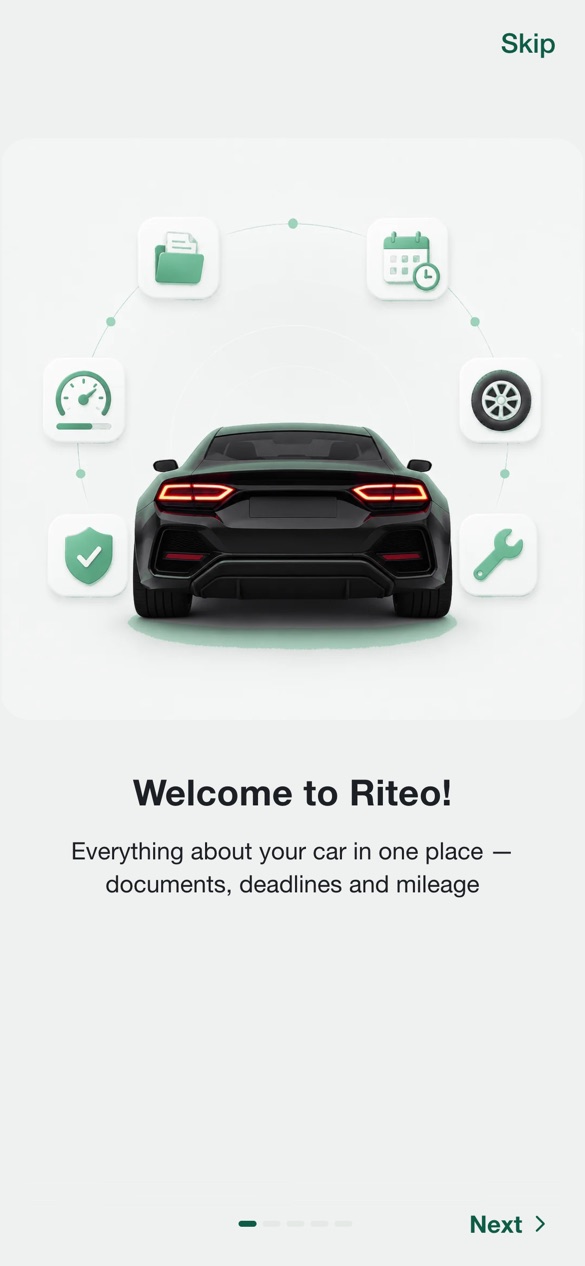 Riteo welcome screen showing a vehicle surrounded by insurance, mileage, documents and service