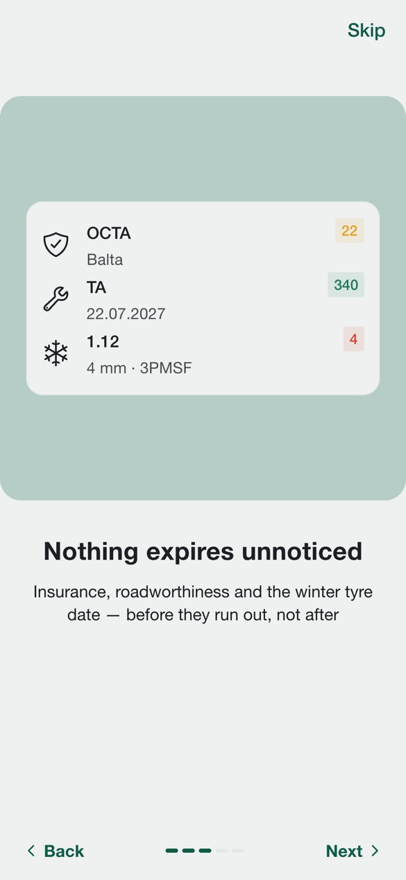 Riteo screen showing OCTA insurance, technical inspection and winter tyre deadlines