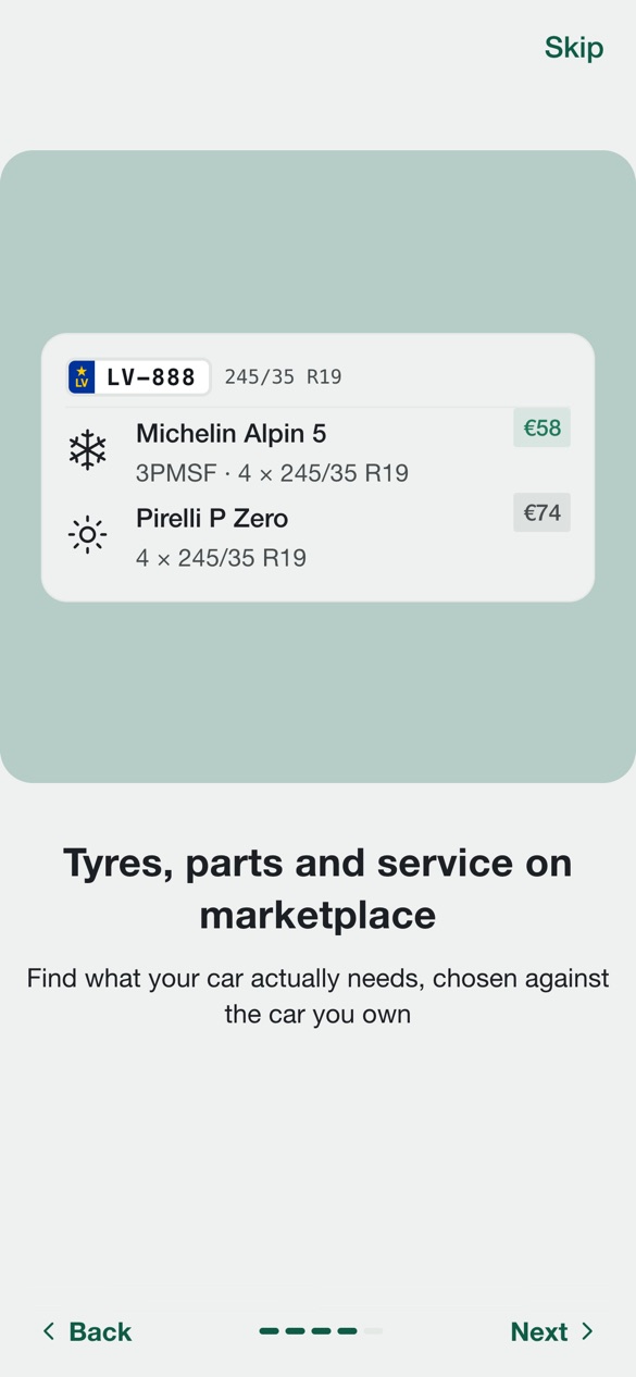 Riteo screen showing tyres and services matched to the vehicle